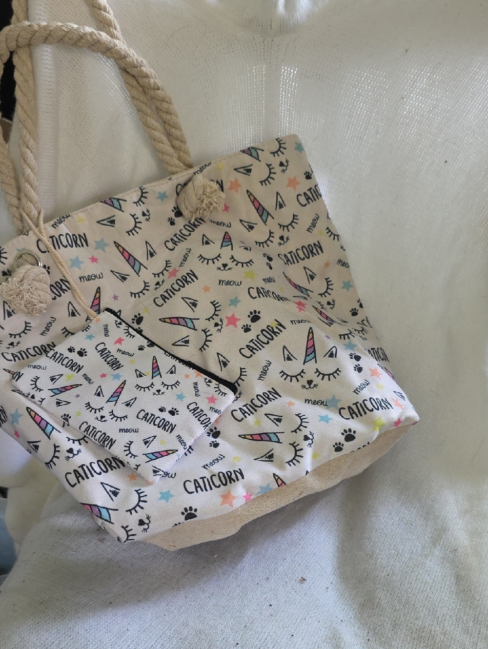 Caticorn Print Canvas Tote Bag in Cream, With Change Purse